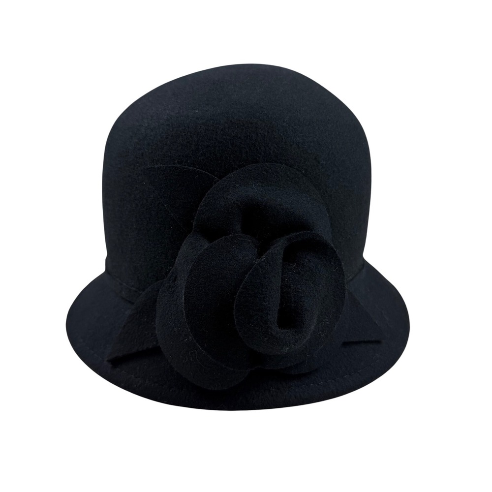 Women's Nine West‎ Wool Black Cloche Hat with Flower Felt Accent